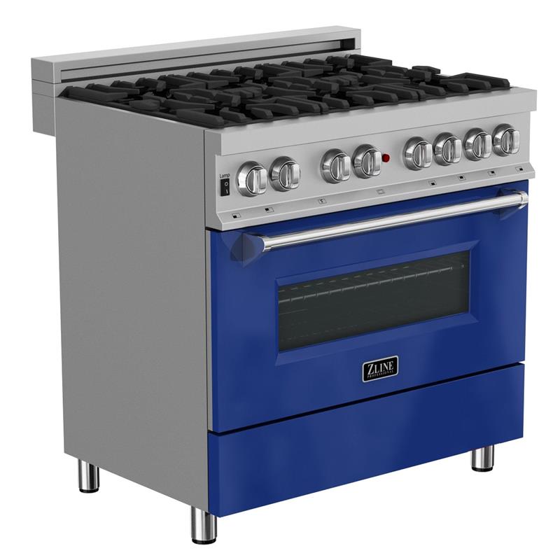 ZLINE 36 in. Professional Dual Fuel Range in DuraSnow Stainless Steel with Color Door Finishes (RAS-SN-36) [Color: Blue Gloss] - (RASBG36)