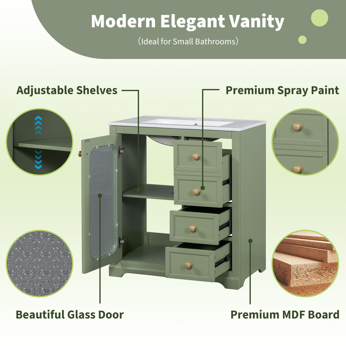 Bathroom Vanity With A Soft Close Glass Door, Adjustable Shelves, And Three Drawers