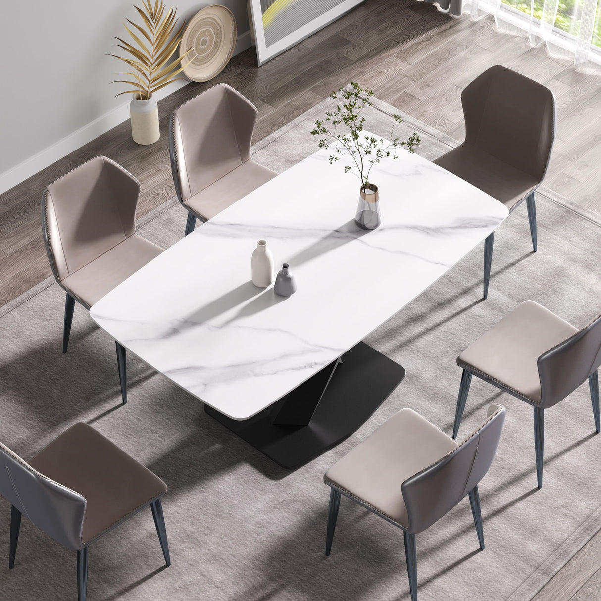 63" Modern Artificial Stone Dining Table, 6 People - White / Black