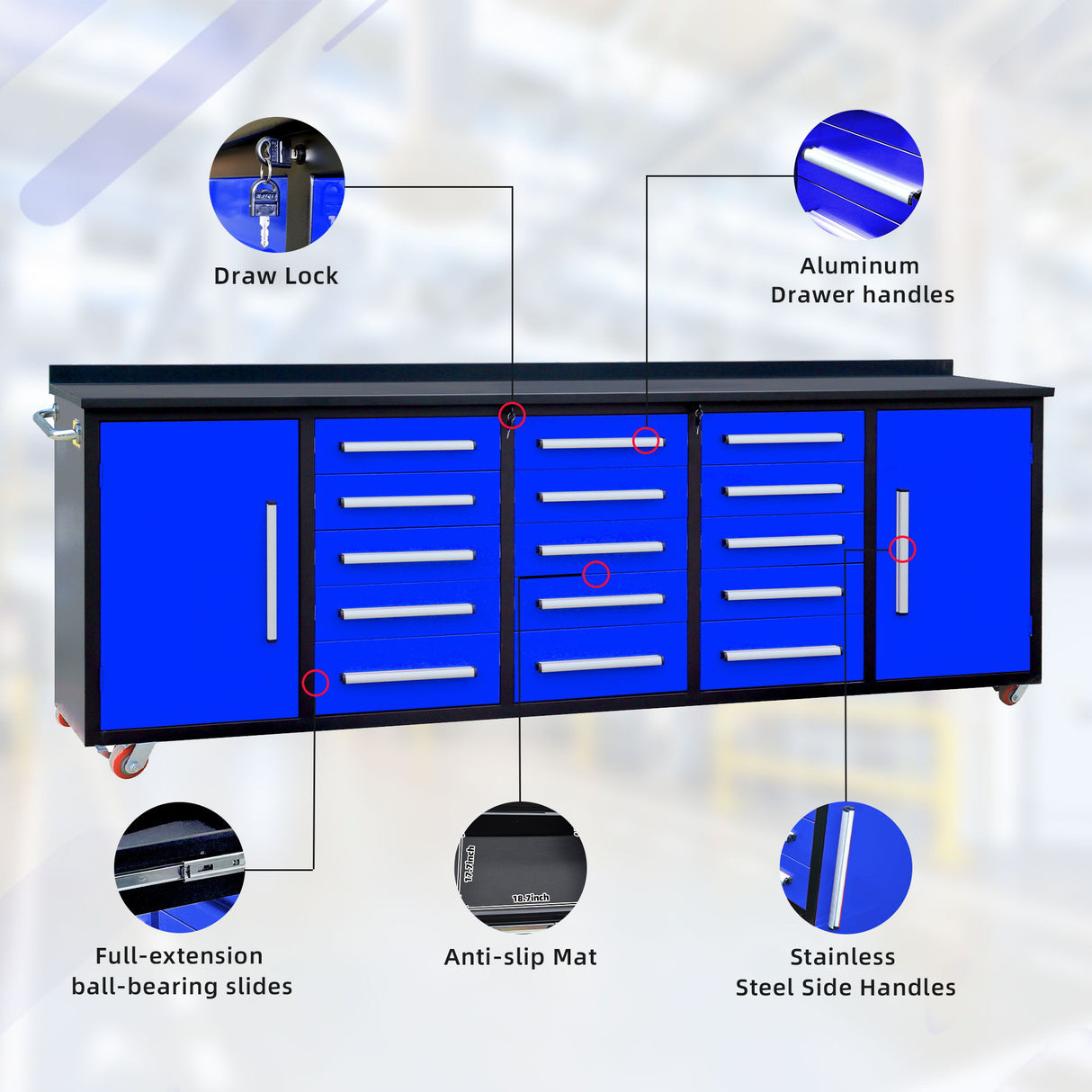 Storage Cabinet With Work Bench (15 Drawers & 2 Cabinets) - Blue