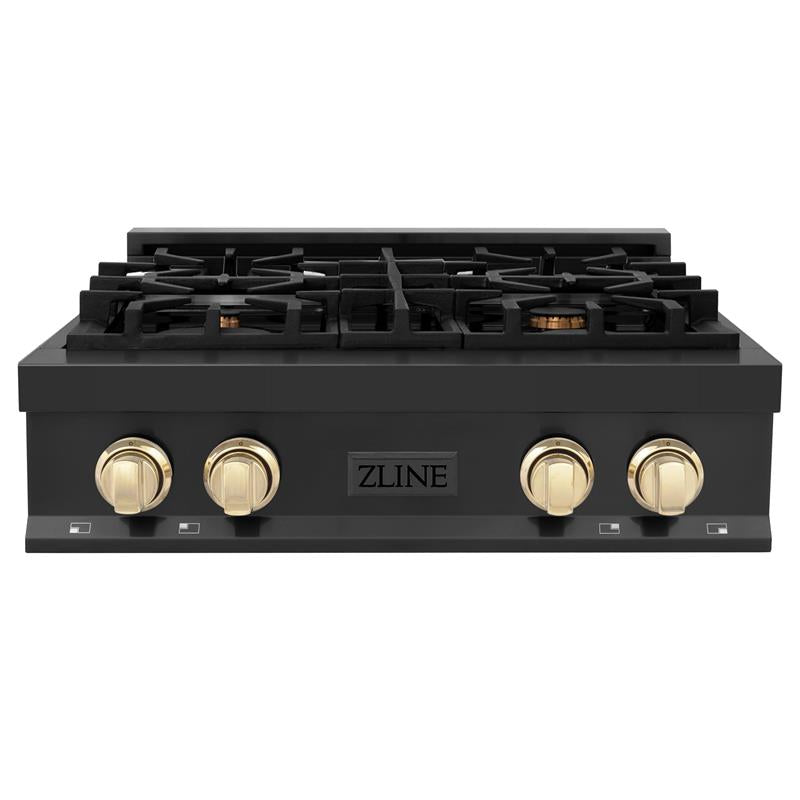 ZLINE Autograph Edition 30 in. Porcelain Rangetop with 4 Gas Burners in Black Stainless Steel and Accents (RTBZ-30) [Color: Gold Accents] - (RTBZ30G)