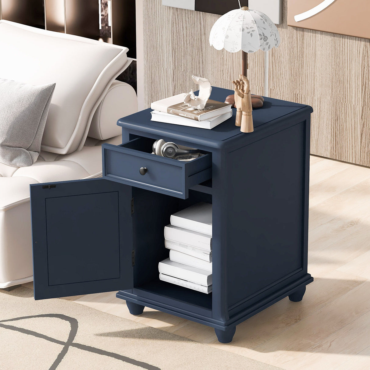 End Table With Solid Wood Legs, Side Table With USB Ports, 1 Storage Cabinet And 1 Drawer For Living Room