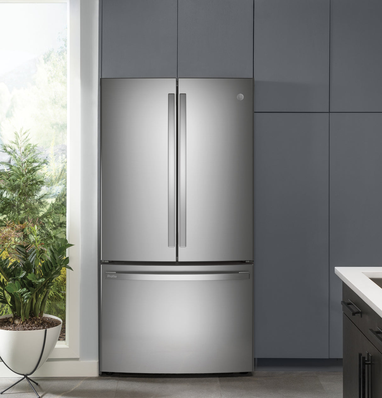 GE Profile(TM) ENERGY STAR(R) 23.1 Cu. Ft. Counter-Depth Fingerprint Resistant French-Door Refrigerator - (PWE23KYNFS)