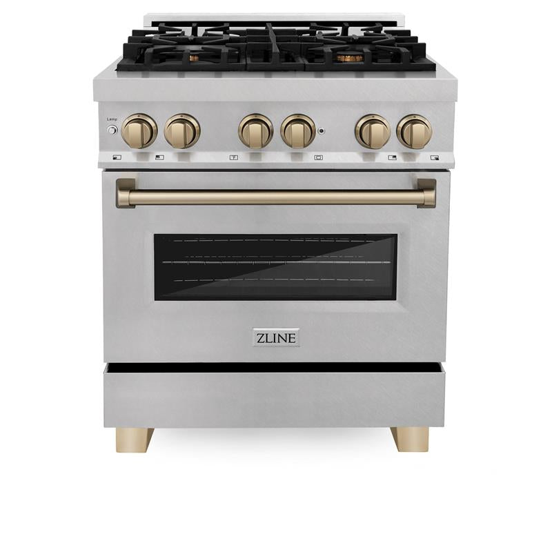 ZLINE Autograph Edition 30" 4.0 cu. ft. Dual Fuel Range with Gas Stove and Electric Oven in DuraSnow Stainless Steel with Accents (RASZ-SN-30) [Color: Champagne Bronze] - (RASZSN30CB)