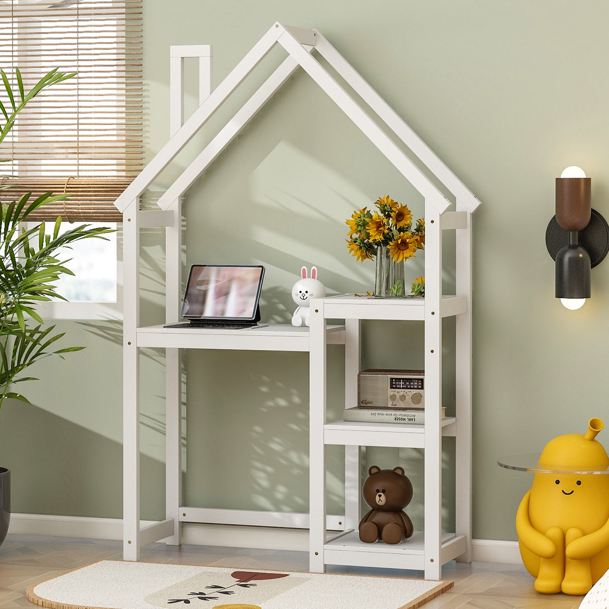 House-Shaped Wooden Writing Desk, Kids Study Table, Bookshelf & Toy Storage