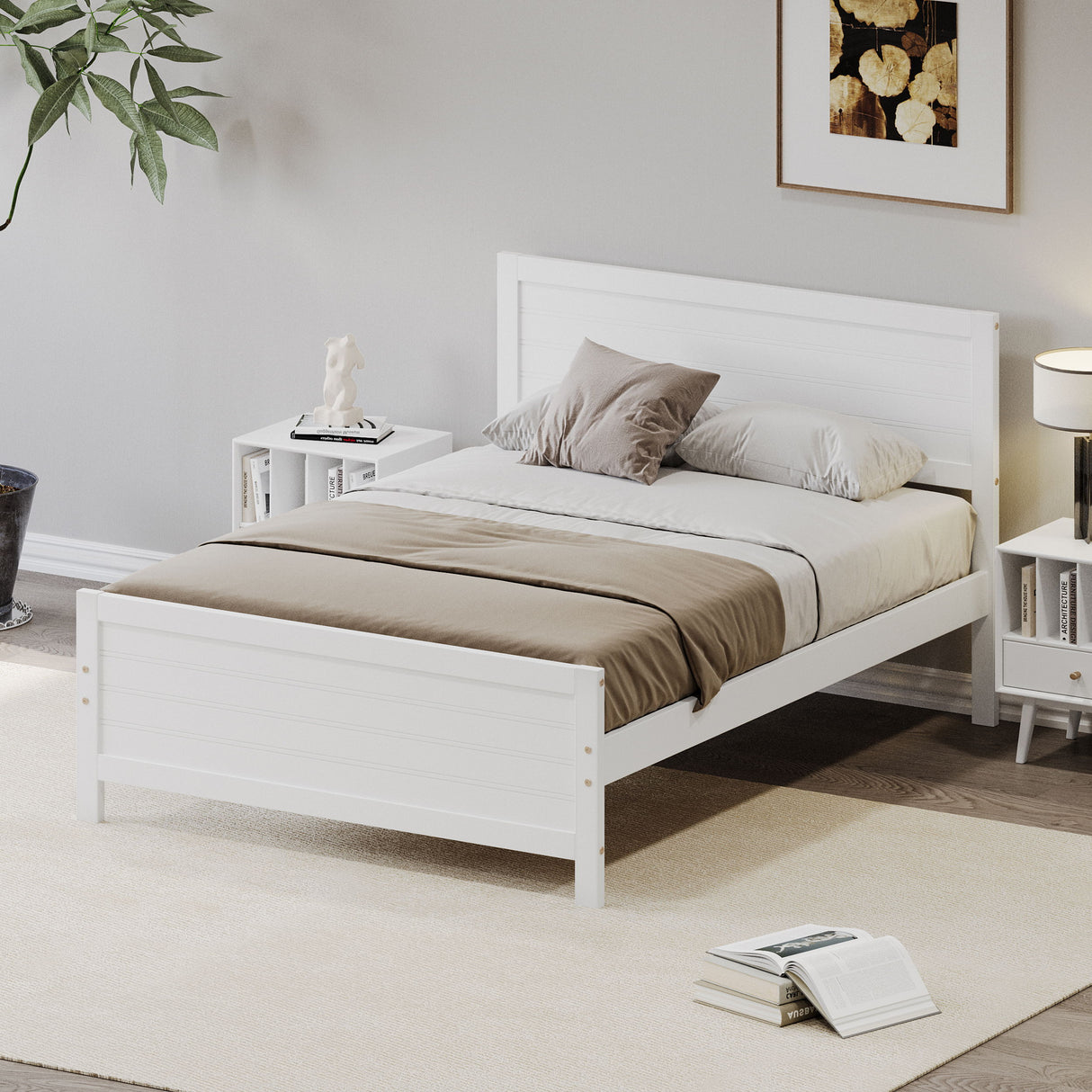 Wood Platform Bed Frame With Headboard, Mattress Foundation With Wood Slat Support, No Box Spring Needed