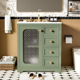 Bathroom Vanity With A Soft Close Glass Door, Adjustable Shelves, And Three Drawers