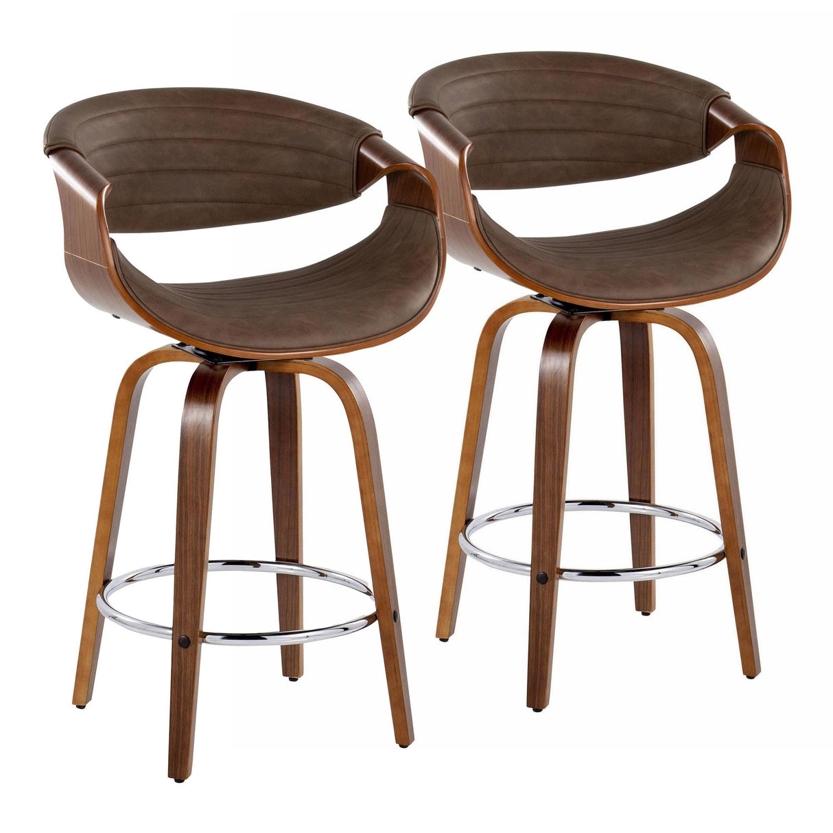 Symphony - 26" Fixed-Height Barstool With Swivel - Walnut Wood And Espresso Faux Leather With Round Chrome Metal Footrest (Set of 2)