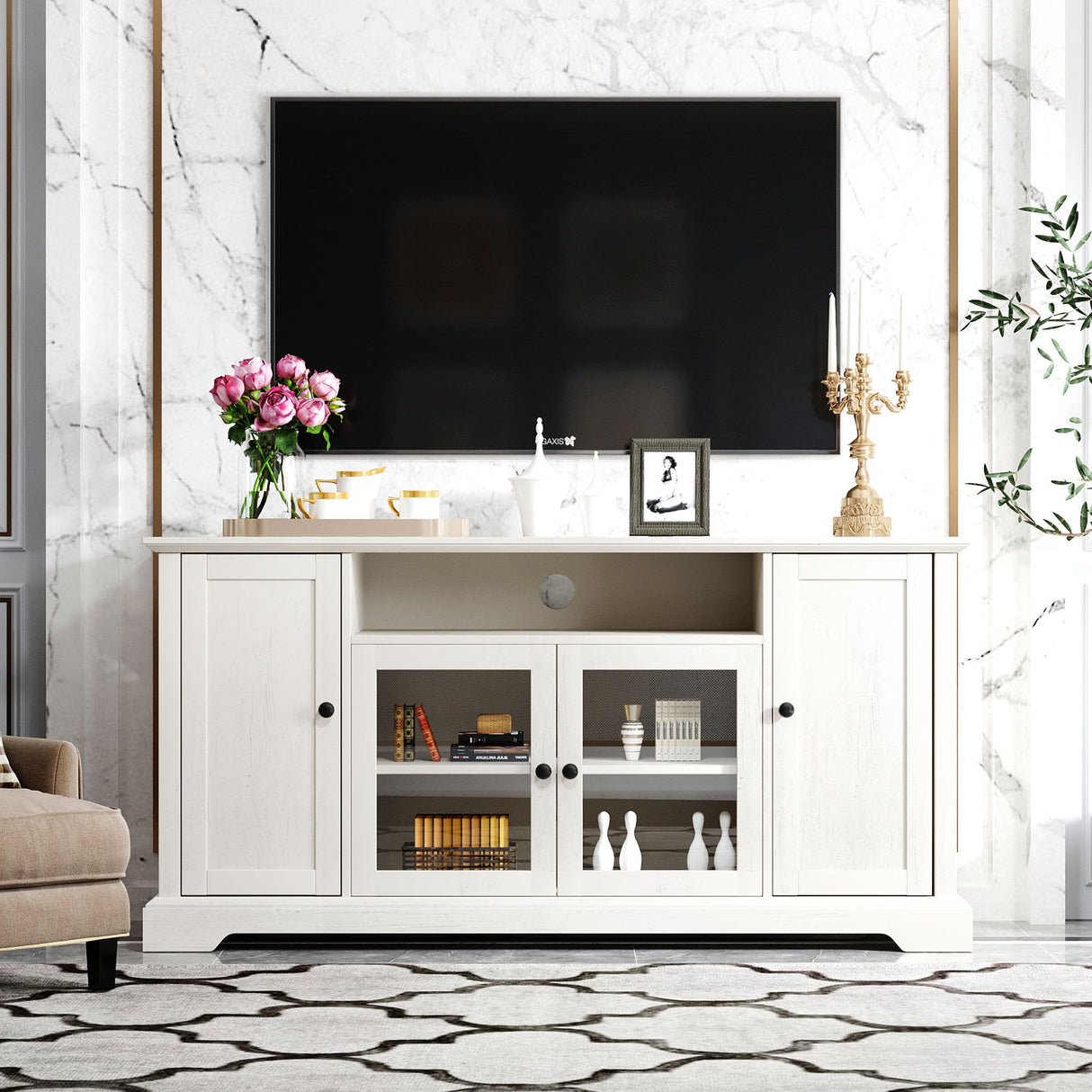 TV Stand For TV Up To 65In With 2 Tempered Glass Doors Adjustable Panels Open Style Cabinet, Sideboard For Living Room