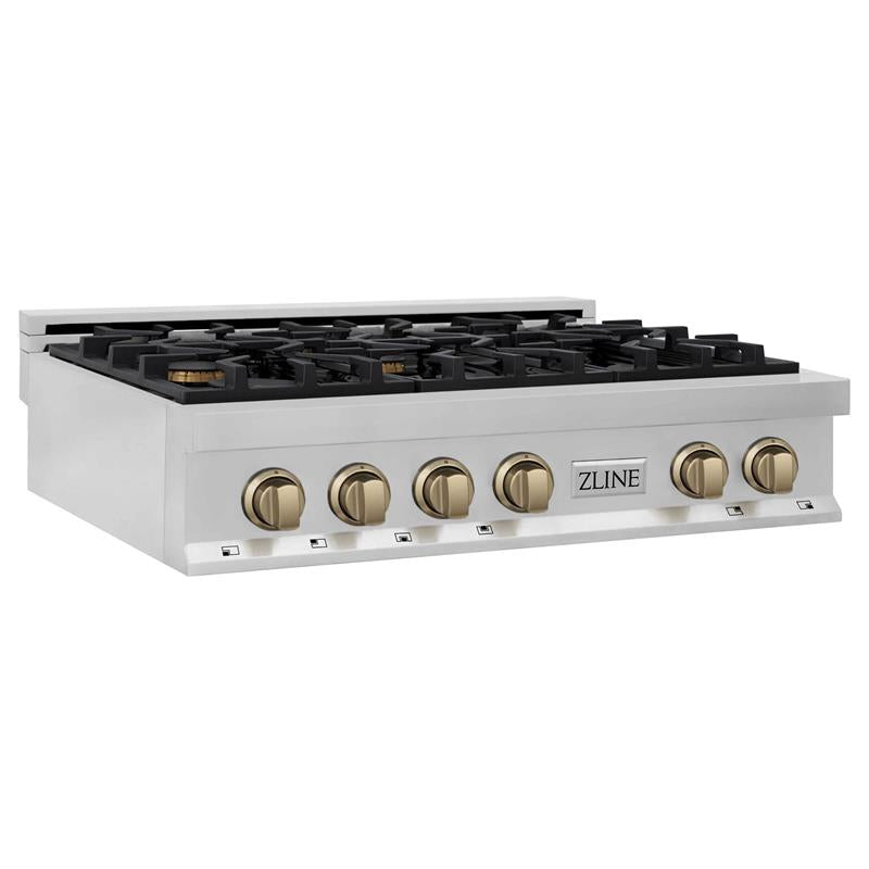 ZLINE Autograph Edition 36 in. Porcelain Rangetop with 6 Gas Burners in Stainless Steel with Accents (RTZ-36) [Color: Champagne Bronze Accents] - (RTZ36CB)