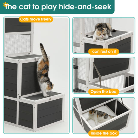 3 Tier Wooden Outdoor & Indoor Cat House Suitable For 1-3 Cats Cat Enclosure Resting Box With 4 Platforms And 2 Doors Cat Shelter Kitty House With A Jump Box For Hiding And Resting Cat Cage - Gray