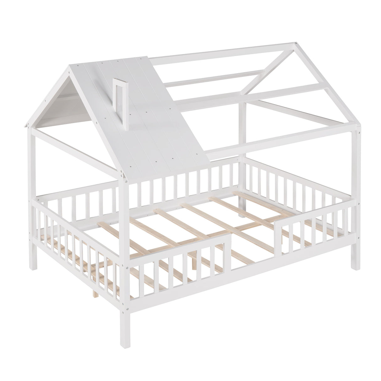 Full Size Wood House Bed With Fence - White