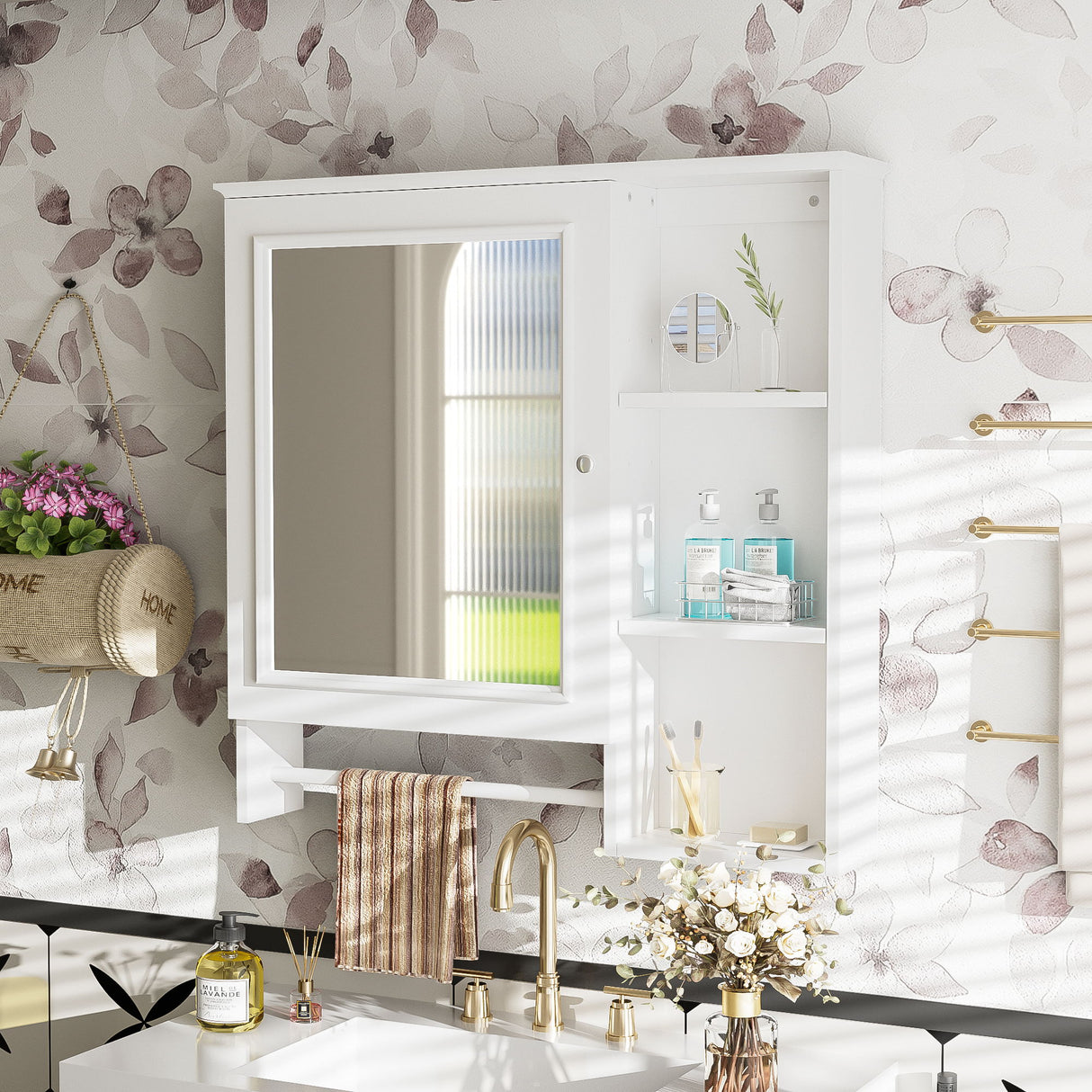 Wall Mounted Bathroom Storage Cabinet, Medicine Cabinets With Large Mirror Door, Adjustable Shelves And Three Open Storage Levels(Not Include Bathroom Vanity)