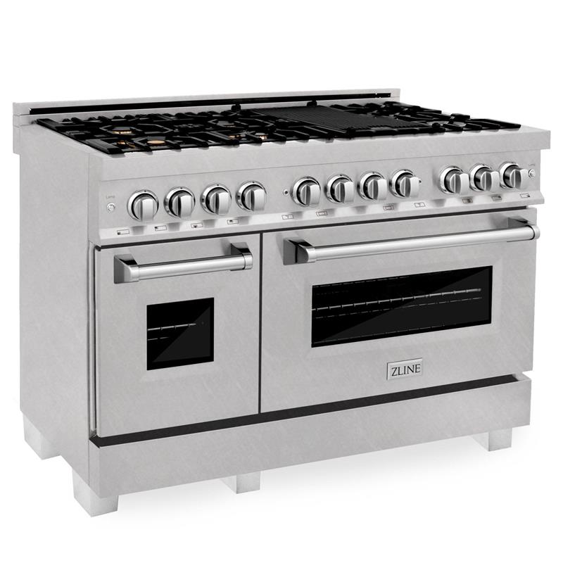 ZLINE 48 in. DuraSnow Stainless Steel 6.0 cu.ft. 7 Gas Burner/Electric Oven Range with Color Door Options (RAS-SN-48) [Color: DuraSnow Stainless Steel with Brass Burners] - (RASSNBR48)