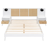 Solid Wood Bed Frame With 2 Nightstands, Elegant Design With Lamps, Rattan And Wood Combination