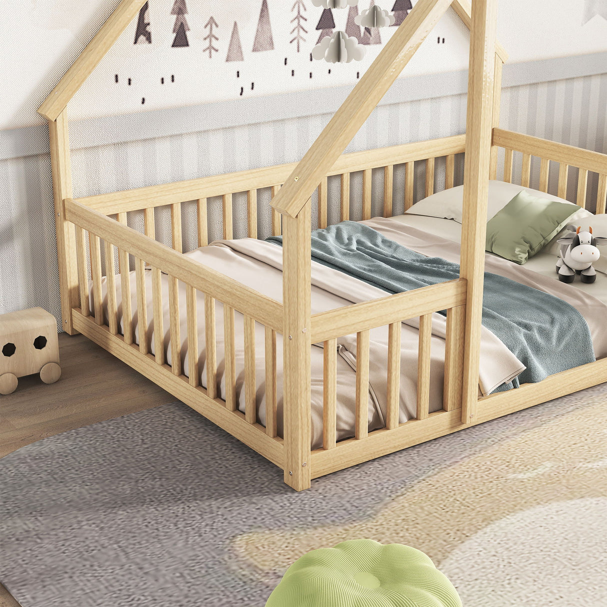 Wood House-Shaped Floor Bed With Fence, Guardrails