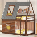 Wood Twin Size House Bunk Bed With Roof, Ladder And 2 Windows - Oak & Smoky Gray