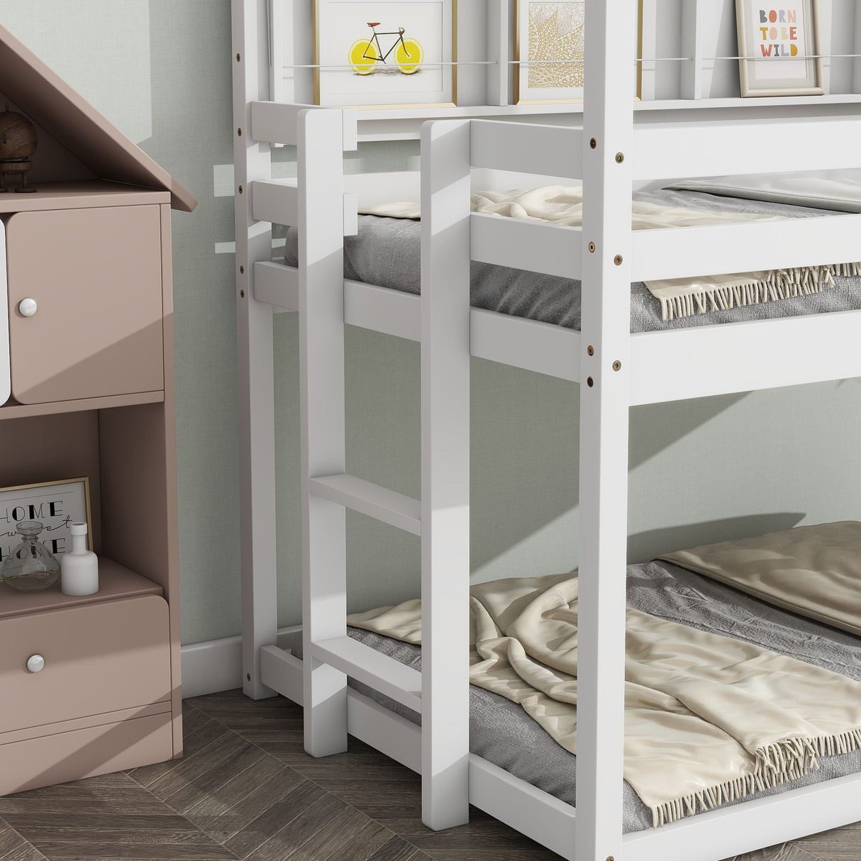 House Loft Bed With Guardrails, Semi-Enclosed Roof, Bedside Shelves And Ladder