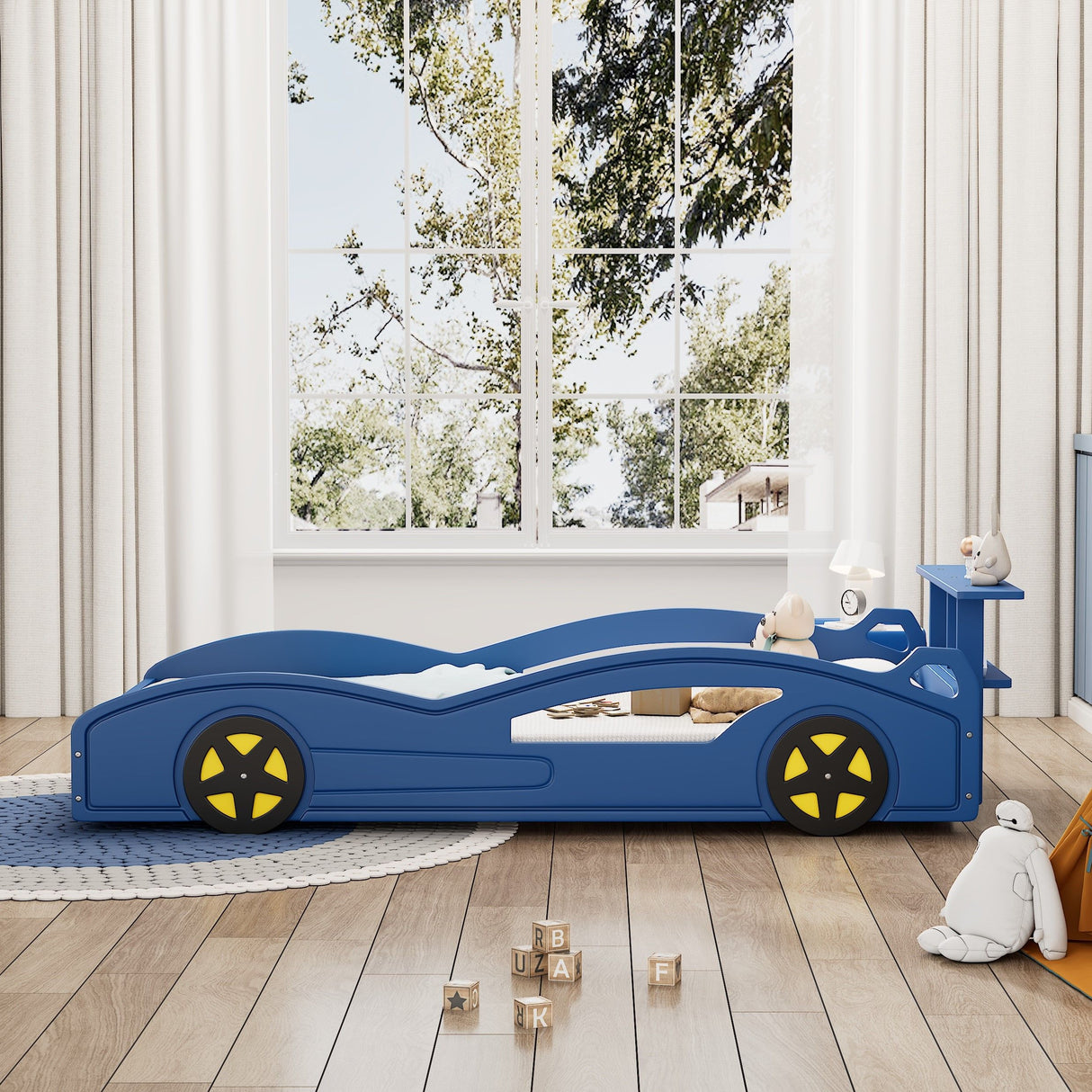 Wooden Race Car Bed, Car Shaped Platform Twin Bed With Wheels For Teens