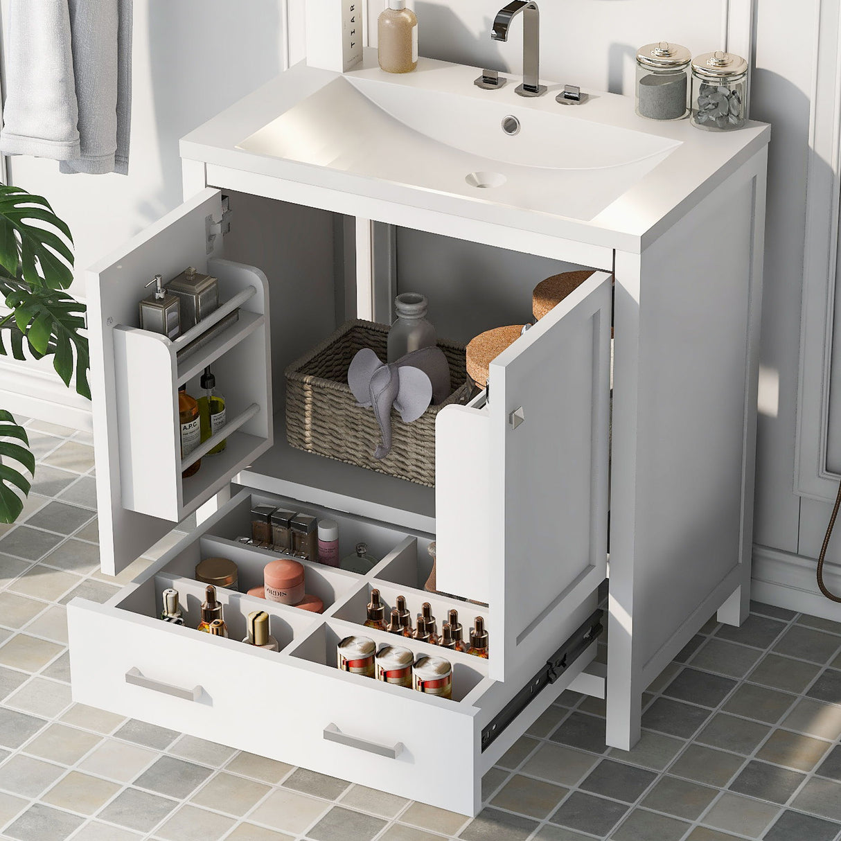 Bathroom Vanity With Single Sink, Combo Cabinet Undermount Sink, Bathroom Storage Cabinet With 2 Doors And A Drawer, Soft Closing, Multifunctional Storage, Solid Wood Frame