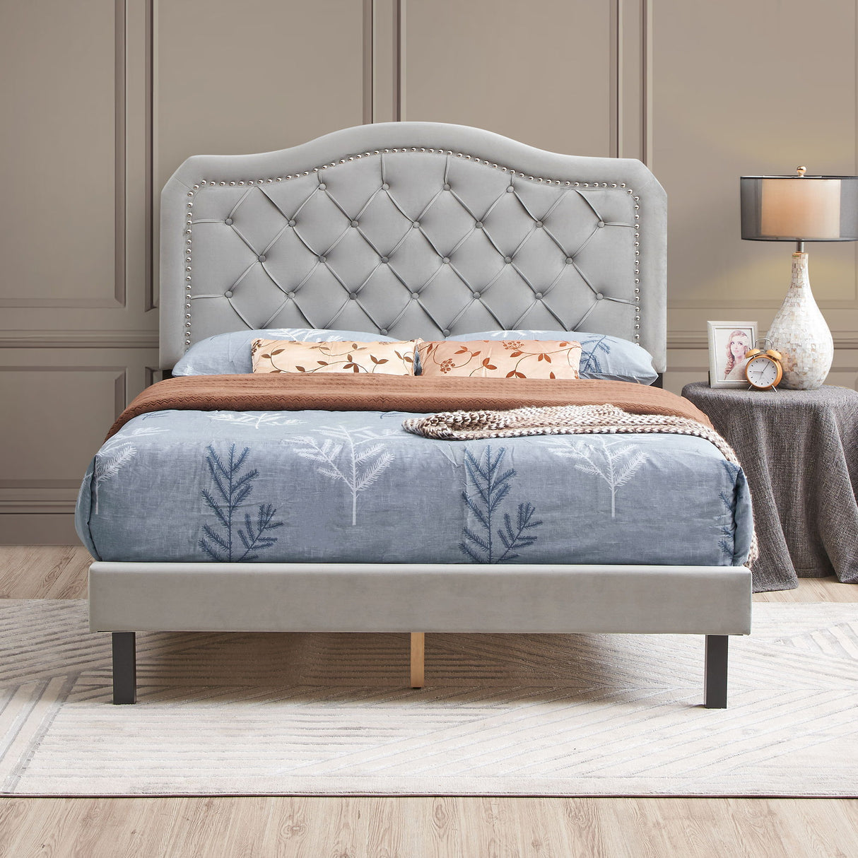 Queen Platform Upholstered Bed Button Tufted With Curve Design, Strong Wood Slat Support - Gray