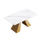 63" Modern Artificial Stone Straight Edge Golden Metal Leg Dining Table - White / Gold