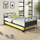 Twin Size Metal Daybed Platform Bed Frame With Trundle Built In Casters - Black