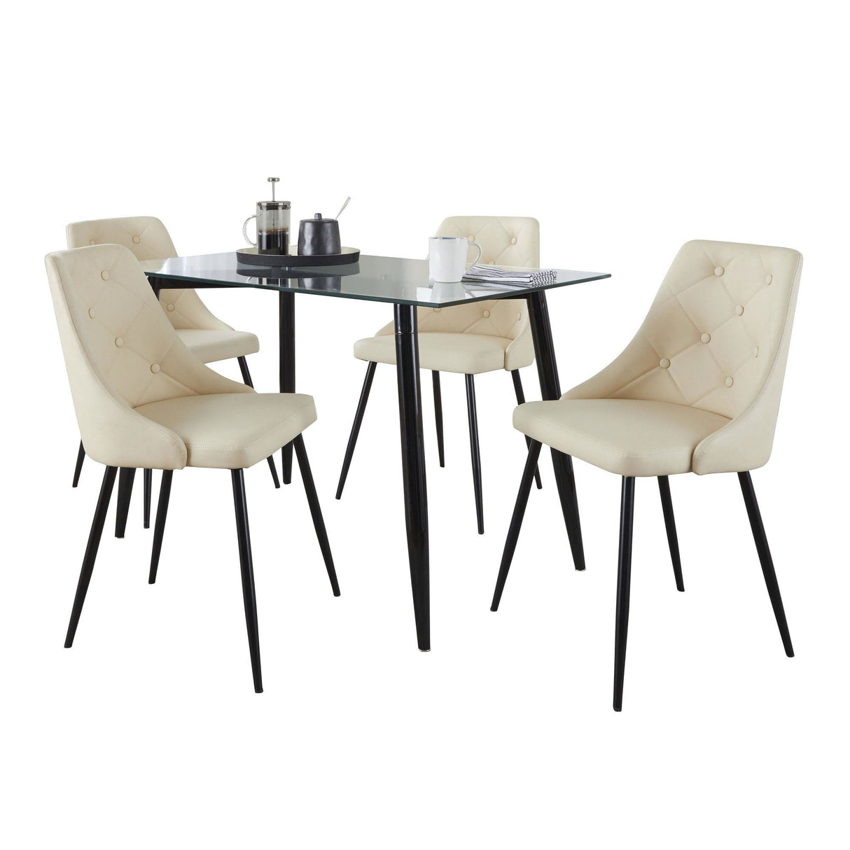 Clara - Giovani Dining Set - Black Metal, Clear Glass And Cream Faux Leather (Set of 5)