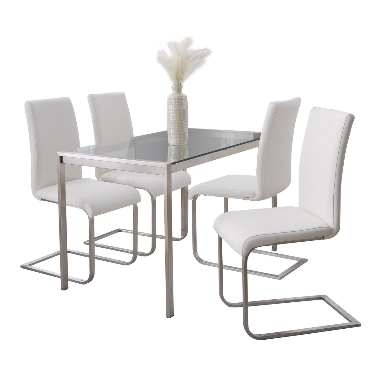 Fuji - Foster Dining Set - Stainless Steel, Clear Glass And White Faux Leather (Set of 5)