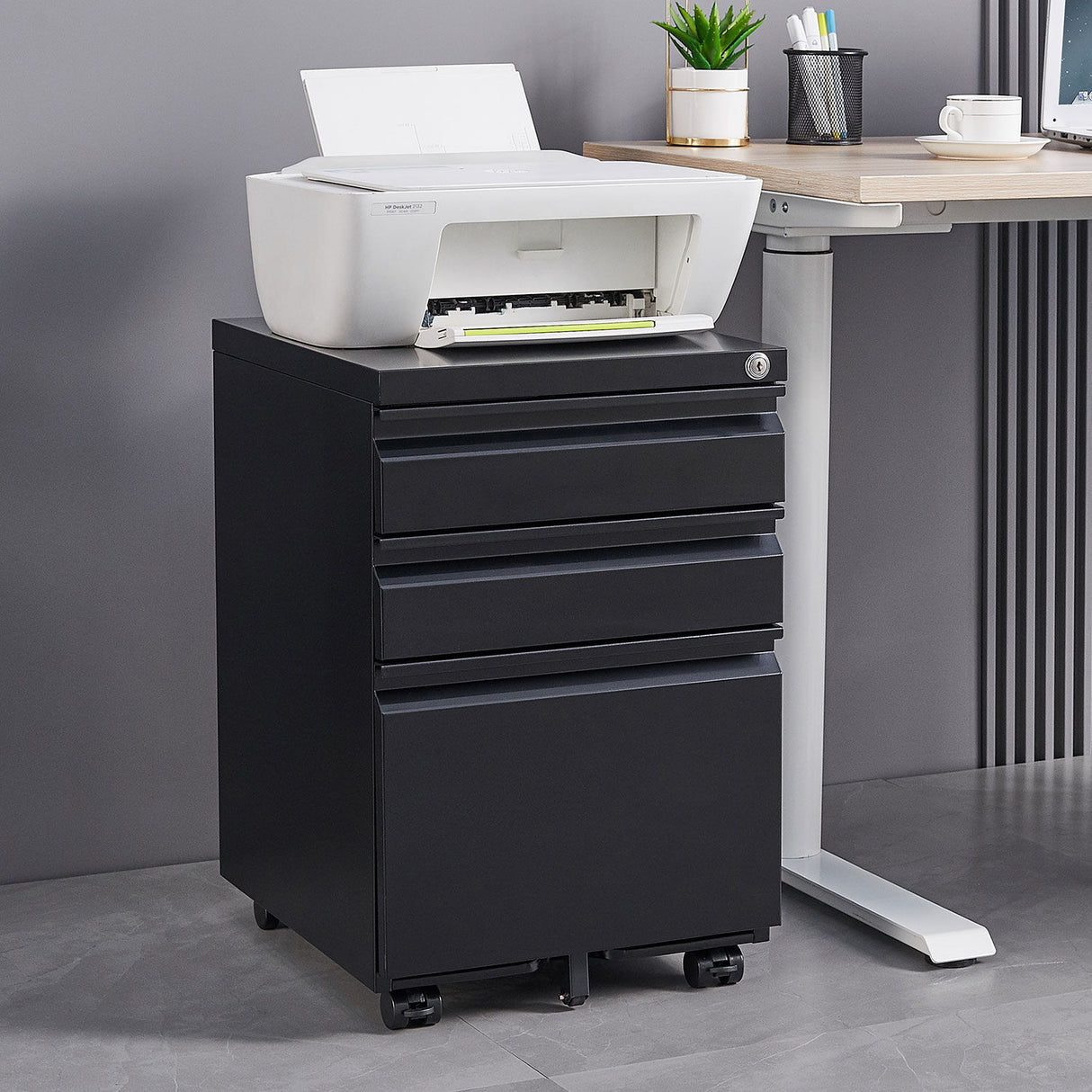 3 Drawer Mobile File Cabinet With Lock, Office Storage Filing Cabinet For Legal / Letter Size Metal File Cabinet Except Wheels Under Desk