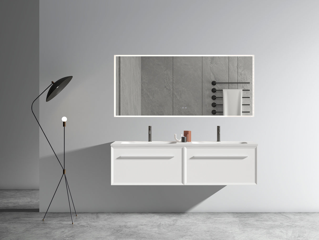 U052-Nevia60W-206 Nevia Bathroom Vanity With Automatic LED Drawer Light, Wall Mounted Bathroom Vanity With Integrated Solid Surface Sink, Without Drain - Snow White