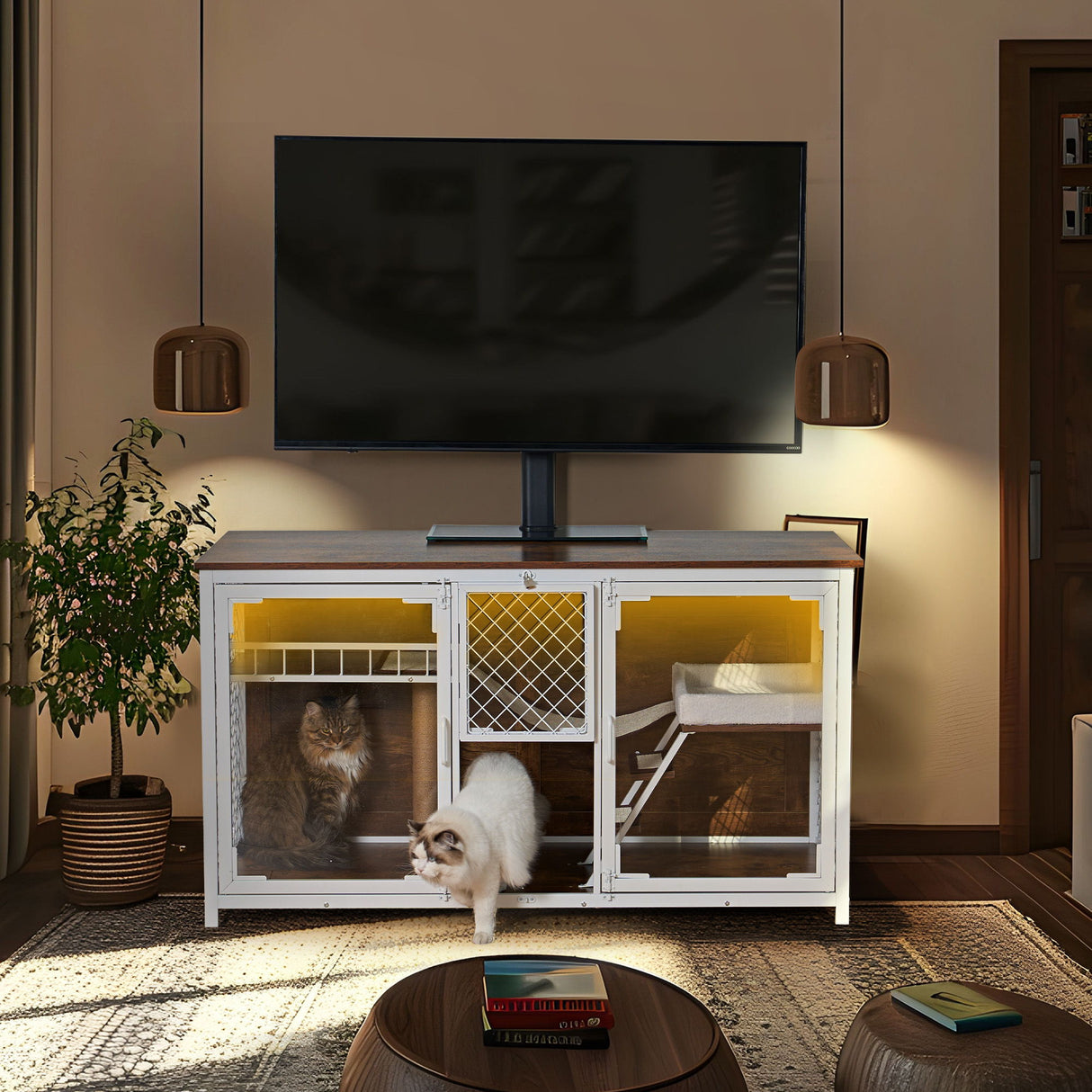 Wooden Cat House, Cat Villa, Cat Cages Indoor, TV Stand With Cat House - White / Vintage