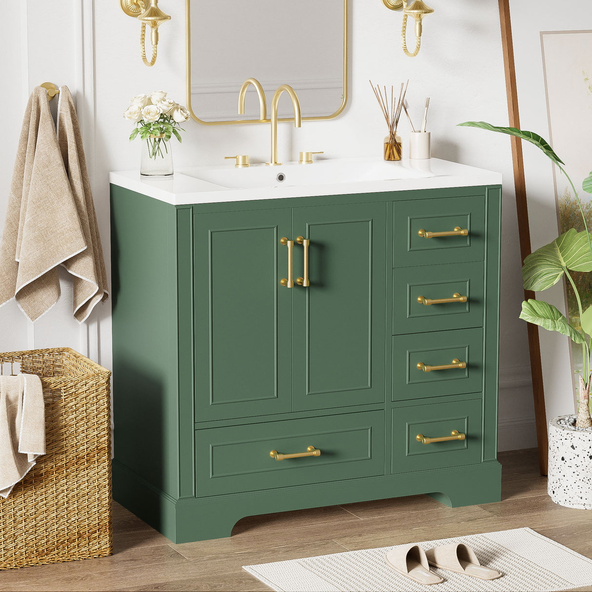 Traditional Bathroom Vanity With Resin Sink Combo Set, Bathroom Cabinet With Two Doors And Four Drawers