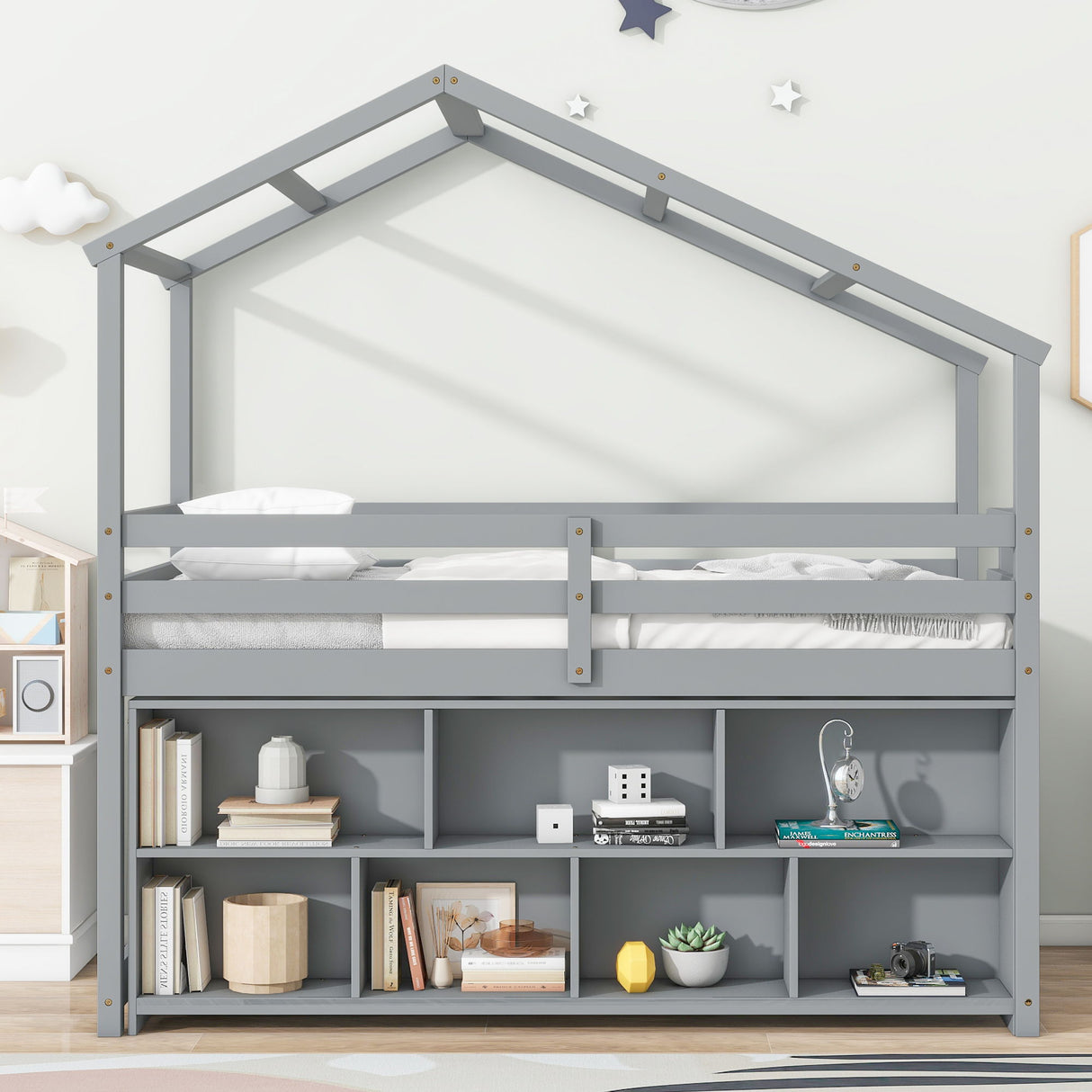 House Loft Bed With Roof Frame, Under Bed Shelving Storage Unit, Guardrails, Ladder