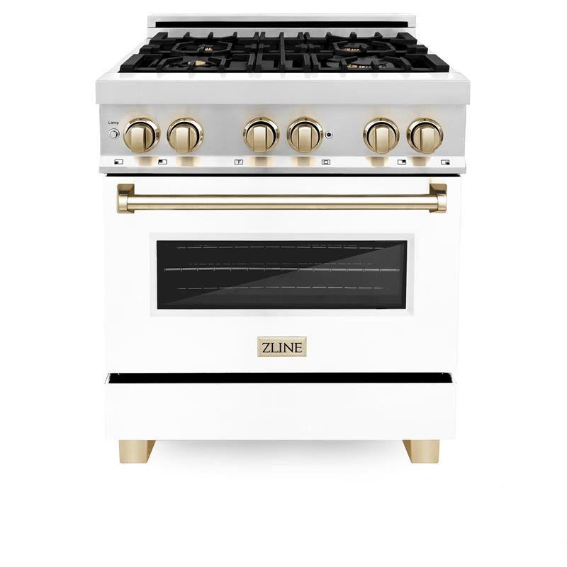 ZLINE Autograph Edition 30 in. 4.0 cu. ft. Dual Fuel Range with Gas Stove and Electric Oven in Stainless Steel with White Matte Door and Accents (RAZ-WM-30) [Color: Gold] - (RAZWM30G)