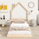 Twin House-Shaped Headboard Floor Bed With Handrails, Slats