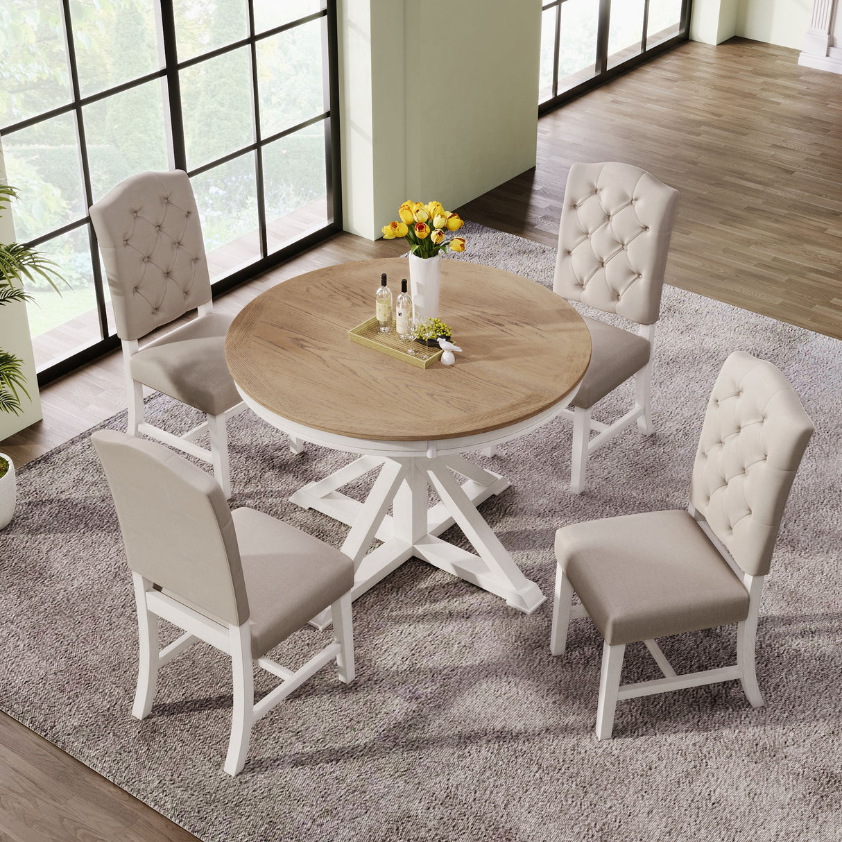 Functional Furniture Retro Style Dining Table Set With Extendable Table And 4 Upholstered Chairs For Dining Room And Living Room