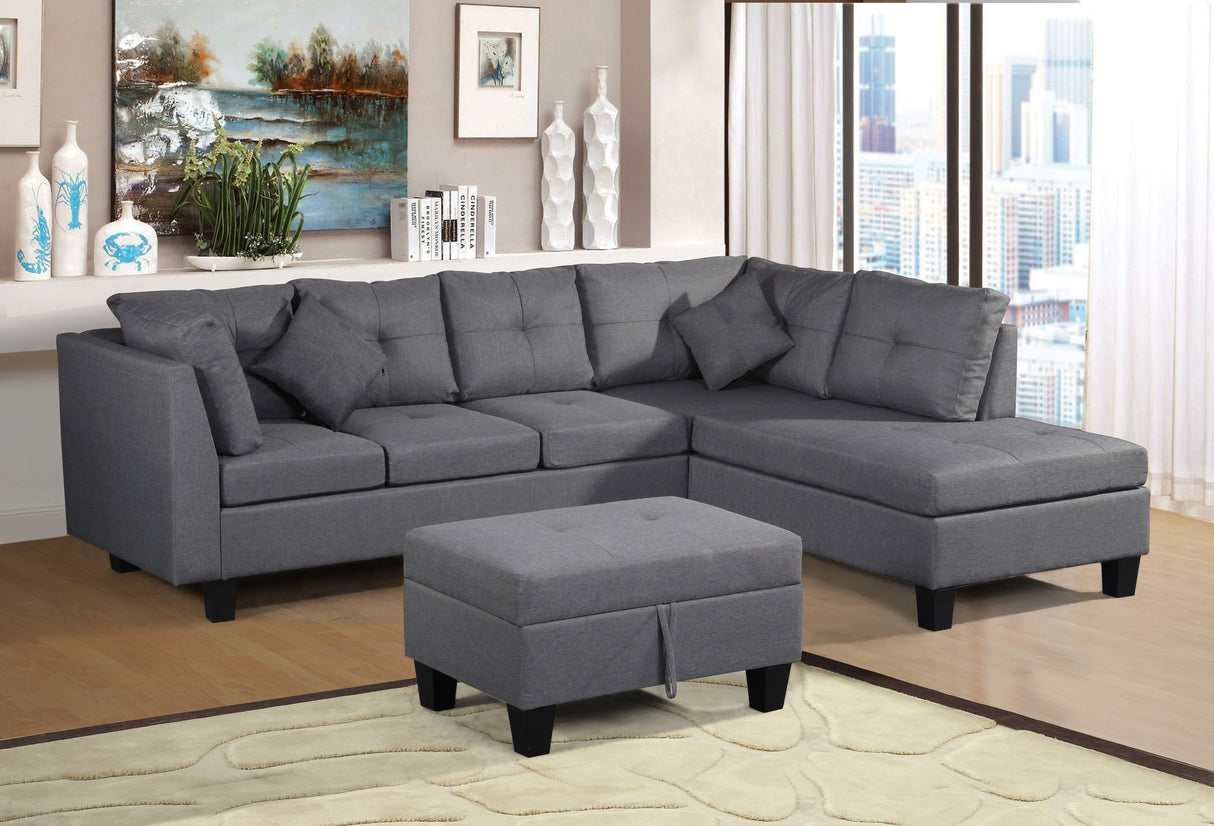 Sectional Sofa Set For Living Room With Right Hand Chaise Lounge And Storage Ottoman - Gray