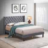 Queen Platform Tufted Upholstered Bed With Wings Design, Strong Wood Slat Support - Gray