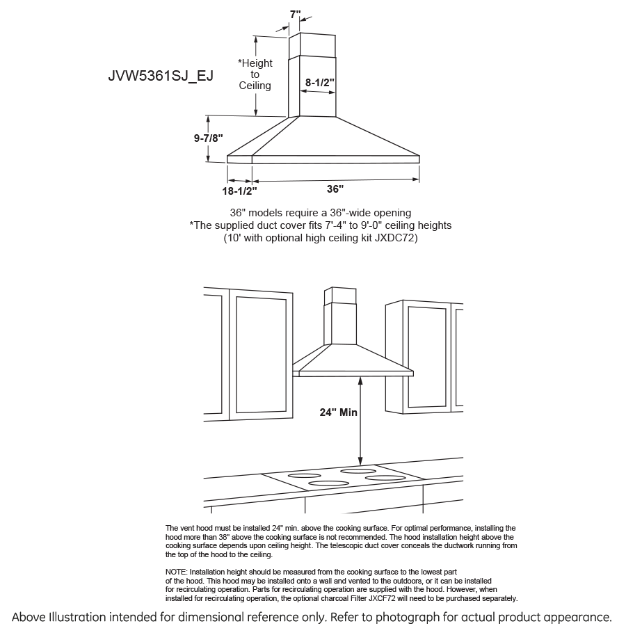 GE(R) 36" Wall-Mount Pyramid Chimney Hood - (JVW5361EJES)