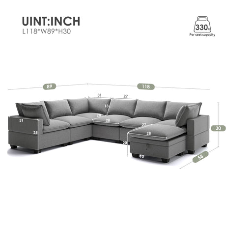 Modern U Shape Modular Sofa With Storage Ottoman, Luxury 7 Seat Sectional Couch Set With 2 Pillows Included, Freely Combinable Indoor Funiture For Living Room, Apartment - Gray