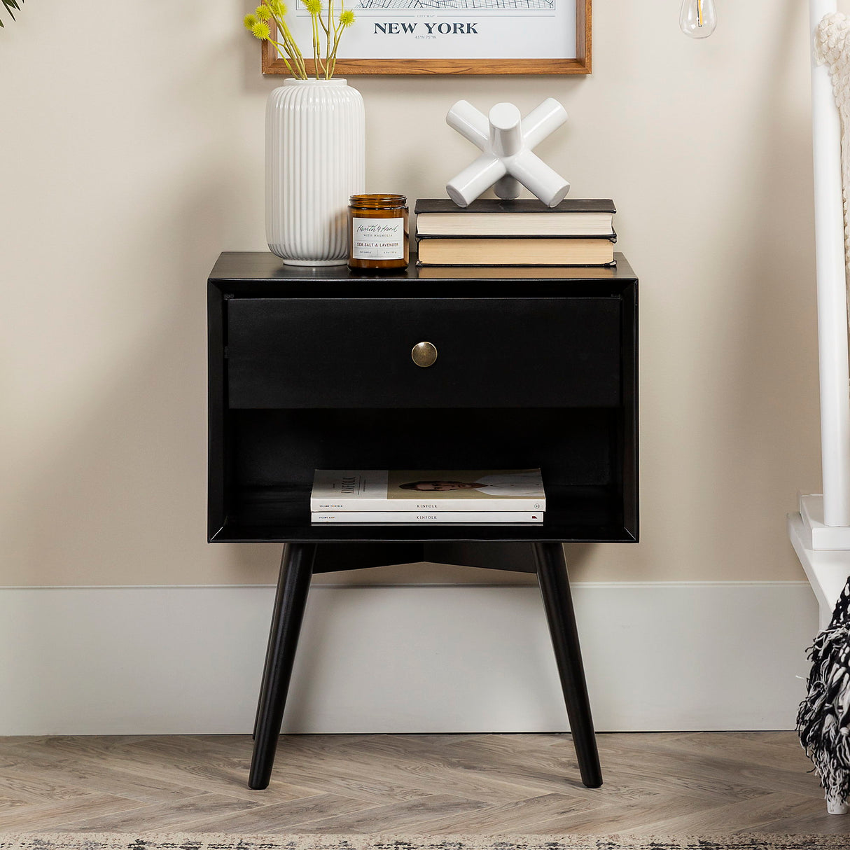 Mid-Century Modern Single Drawer Solid Wood Nightstand