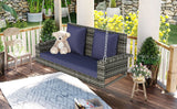 2 Person Wicker Hanging Porch Swing With Chains, Cushion, Pillow, Rattan Swing Bench For Garden, Backyard