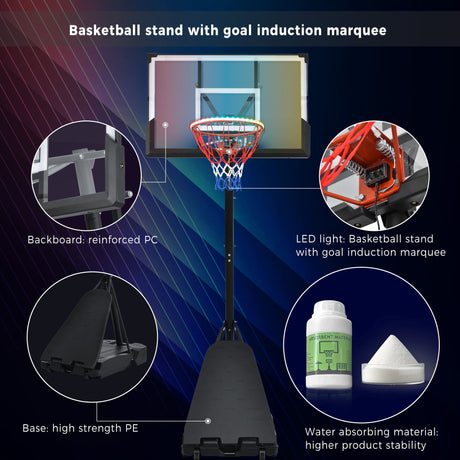 Portable Basketball Hoop Basketball System 8-10Ft Height Adjustable For Youth Adults LED Basketball Hoop Lights, Colorful Lights, Waterproof, Super Bright To Play At Night Outdoors, Good Gift For Kids - Black