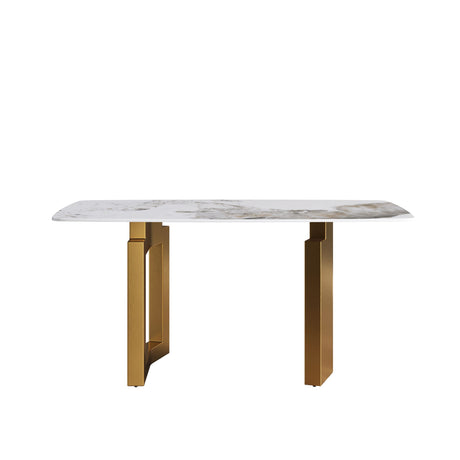 63" Artificial Stone Pandora White Curved Golden Metal Leg Dining Table, 6 People - Antique White / Gold