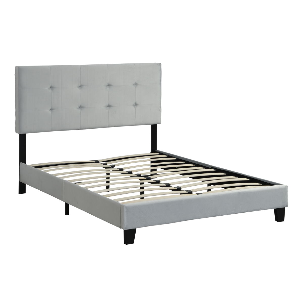 Queen Size Upholstered Platform Bed Frame With Pull Point Tufted Headboard, Strong Slat Support, Mattress Foundation, No Box Spring Needed - Gray