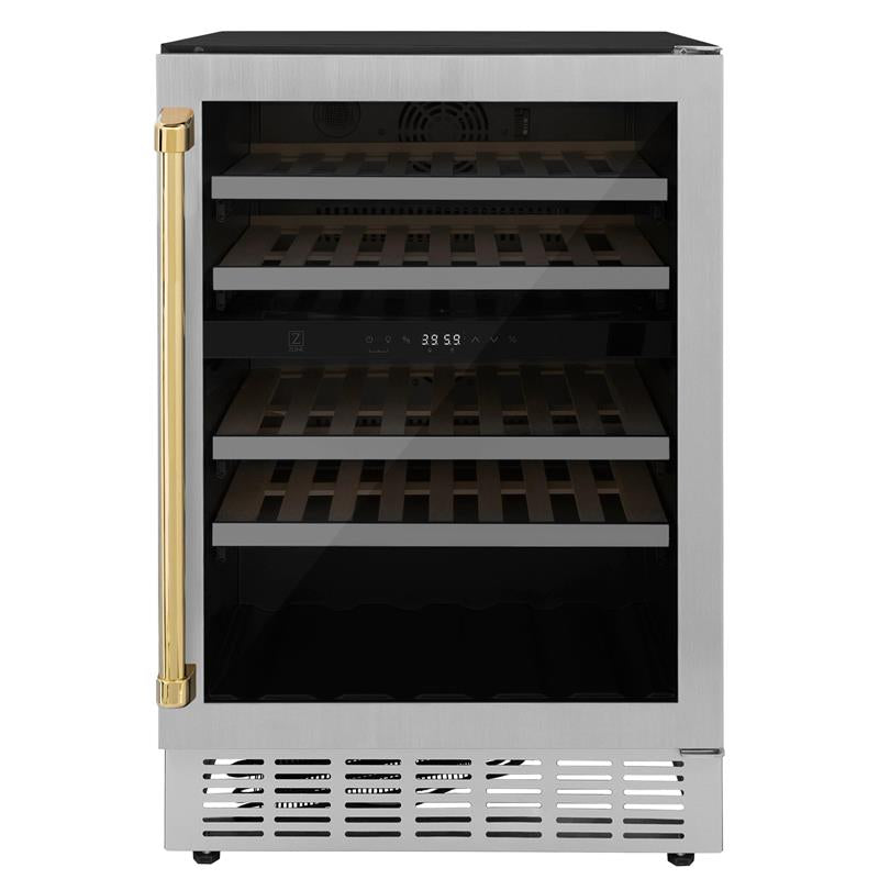 ZLINE 24" Autograph Edition Dual Zone 44-Bottle Wine Cooler in Stainless Steel with Wood Shelf and Gold Accents (RWVZ-UD-24-G) - (RWVZUD24G)