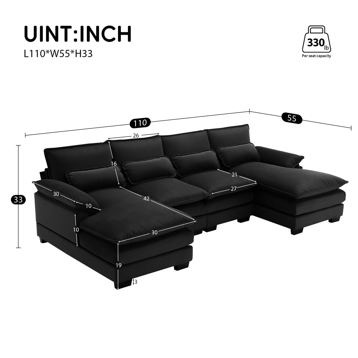 Modern U-Shaped Sectional Sofa With Waist Pillows, 6 Seat Upholstered Symmetrical Sofa Furniture, Sleeper Sofa Couch With Chaise Lounge For Living Room