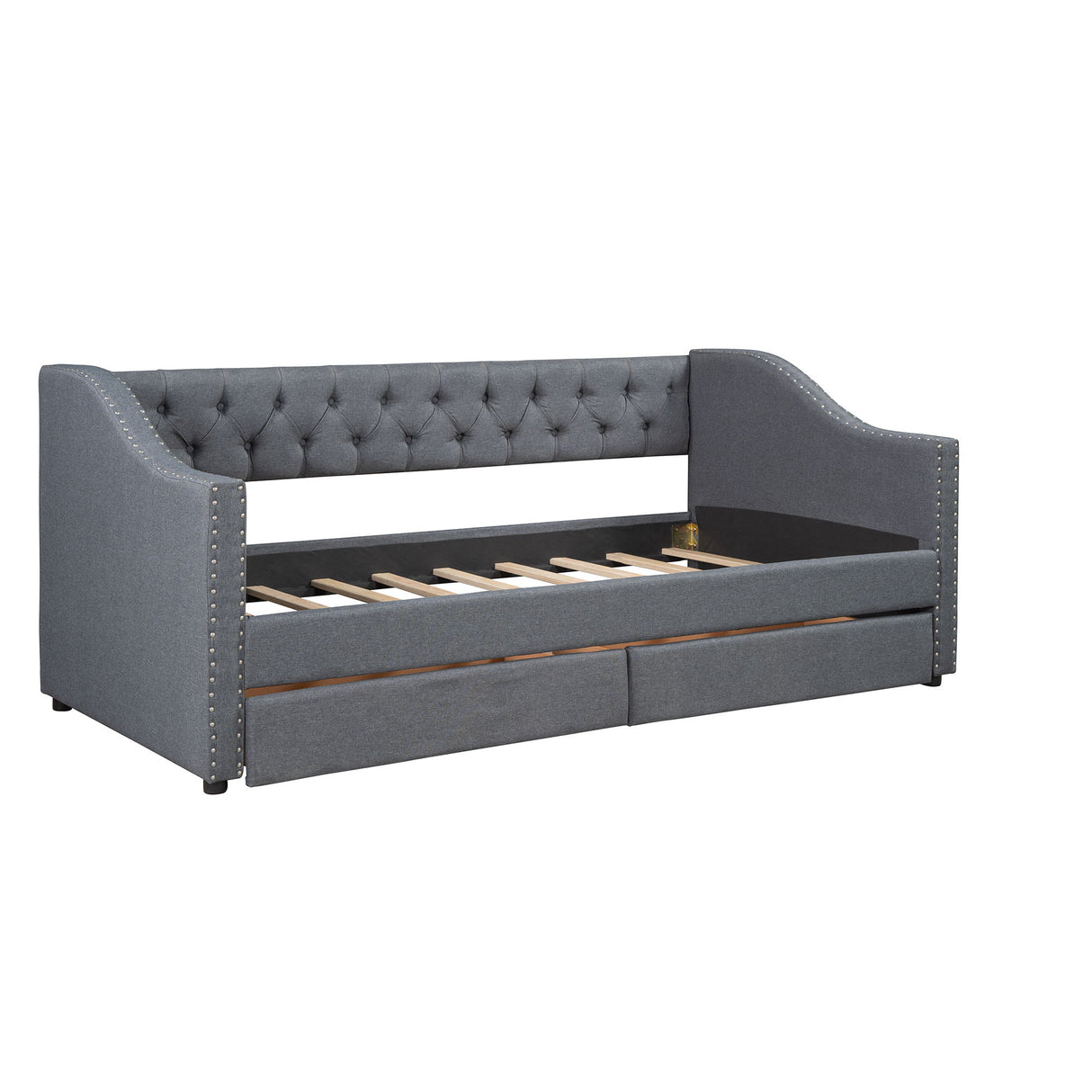 Twin Size Upholstered Daybed With Two Drawers, Wood Slat Support - Gray