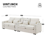 Upholstered Sofa With Console, 2 Cupholders And 2 USB Ports Wired Or Wirelessly Charged, Modern Linen Fabric Couches With 4 Pillows For Living Room, Apartment (4-Seat)